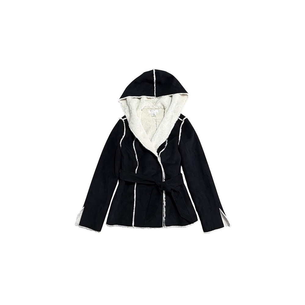 White House Black Market Jacket Womens Small Black Faux Shearling Hooded Belted